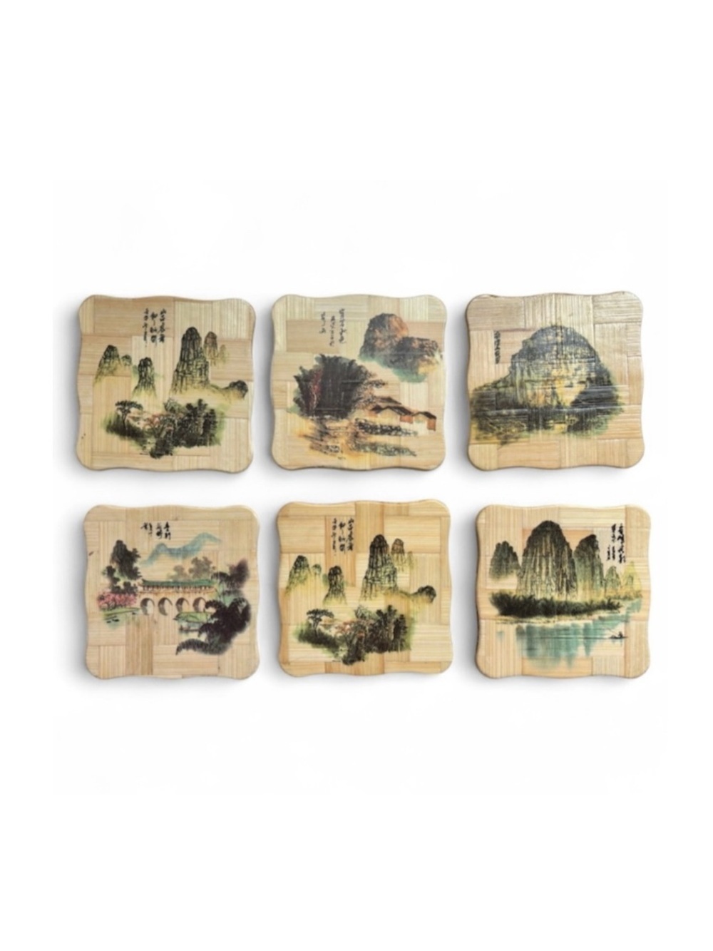 Vintage Bamboo Coaster Set Asian Landscape Bamboo Holder Japanese Style Set of 6
